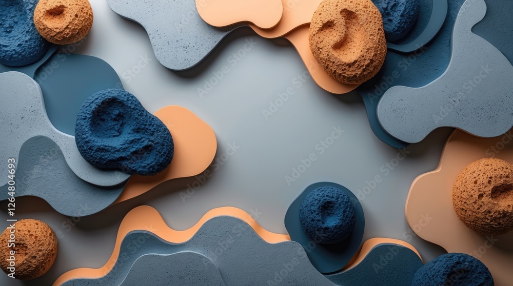 Poster colorful abstract background with textured shapes in blue and orange tones on a light surface with c