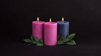 Three Lit Candles With Glitter And Leaves On Black Background