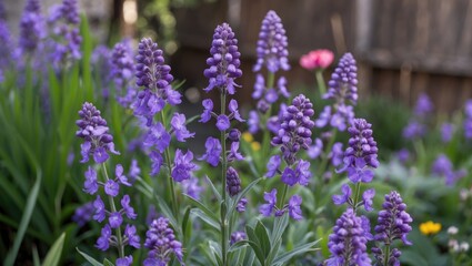 Purple flowering plants in a garden with green foliage and blurred background, vibrant colors, natural light, Copy Space.