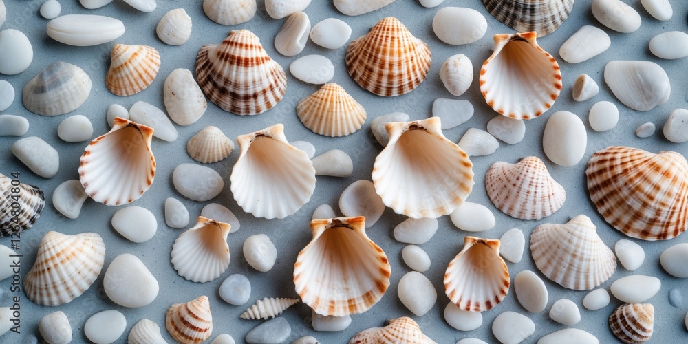 Aufkleber assorted seashells and pebbles arranged on a surface with neutral background ideal for decorative pu