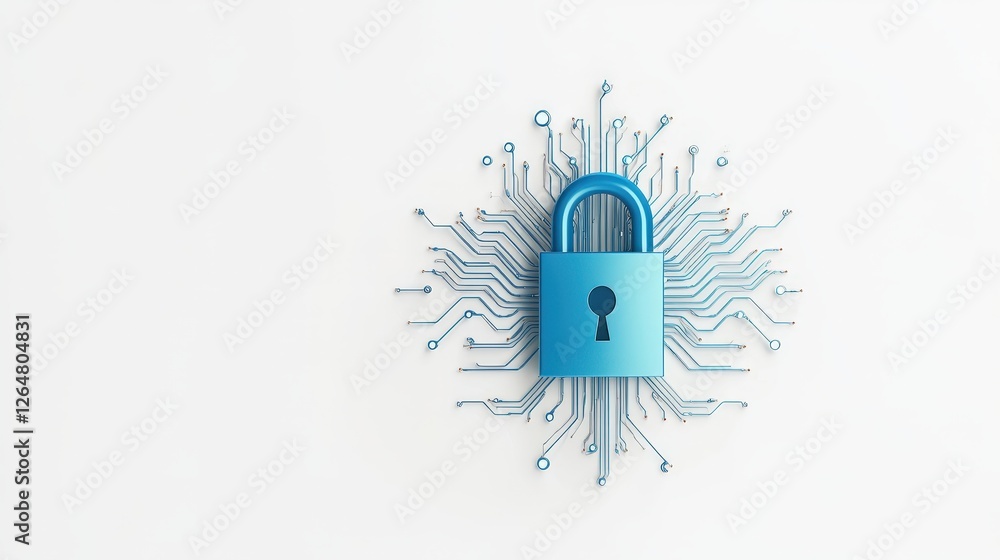 Poster blue digital lock surrounded by circuit patterns in modern style
