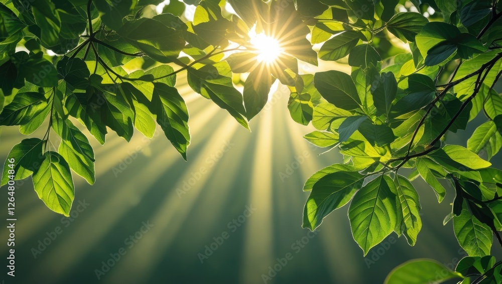 Poster sunlight filtering through green leaves with rays of light creating a natural background copy space