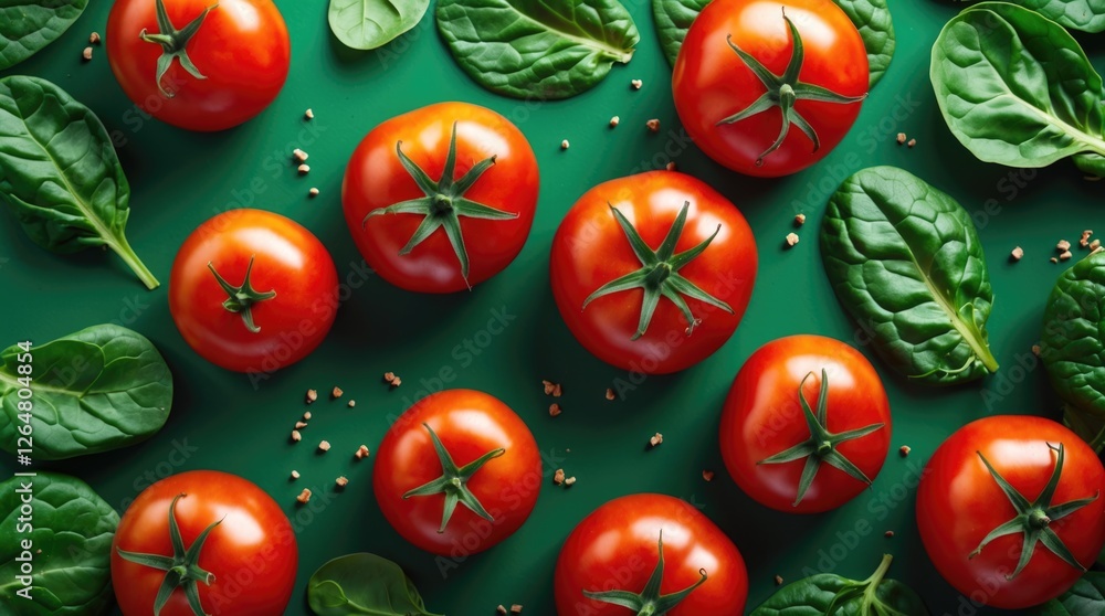 Poster fresh red tomatoes and spinach leaves arranged on a green background with scattered seeds and ample 