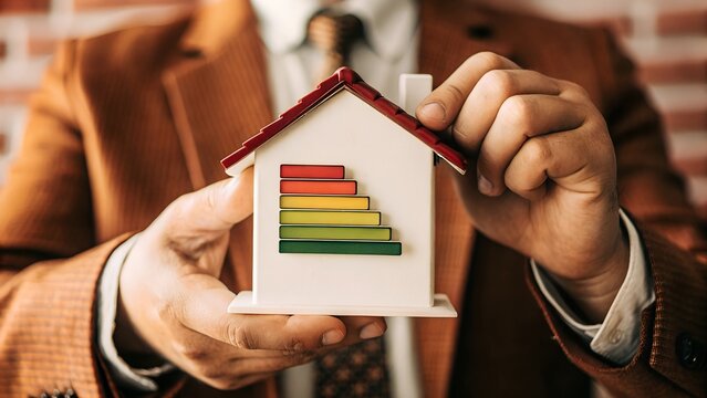 House energy efficiency, energy efficient rating class concept, eco home renovation save cost. Low-consumption ecological house. Hand holding Green Building for Sustainable Development Concept