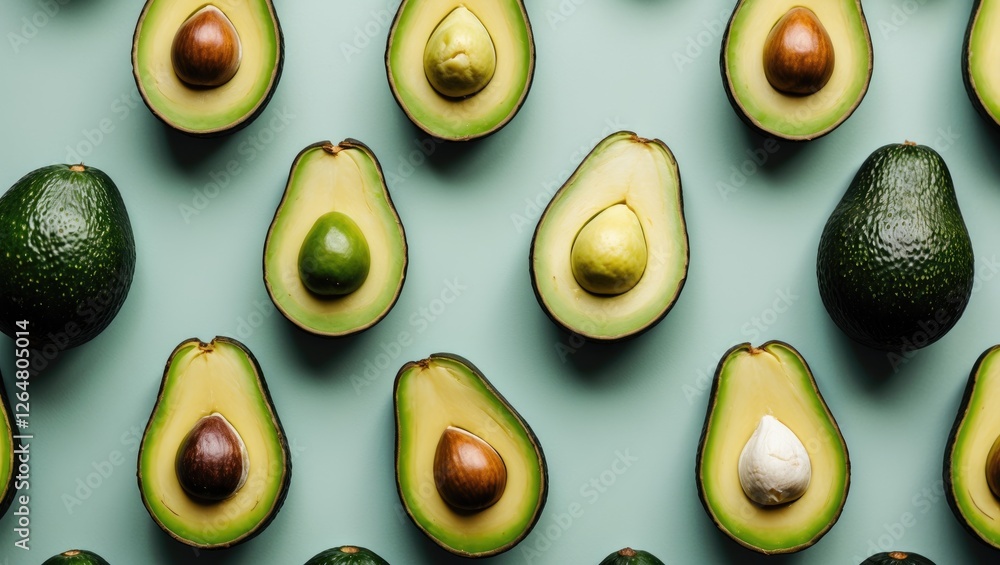 Poster arranged avocado halves with assorted pit colors on a pastel background copy space