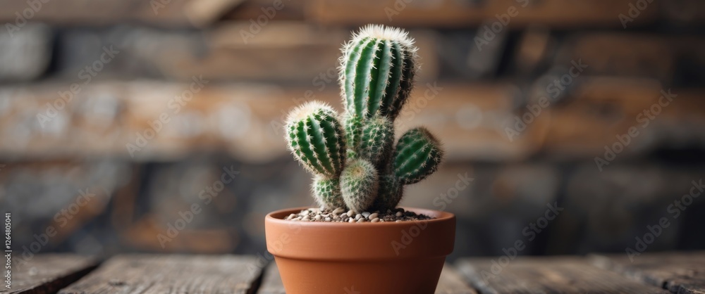Poster cactus in a terracotta pot on a wooden surface with blurred rustic background and ample copy space f