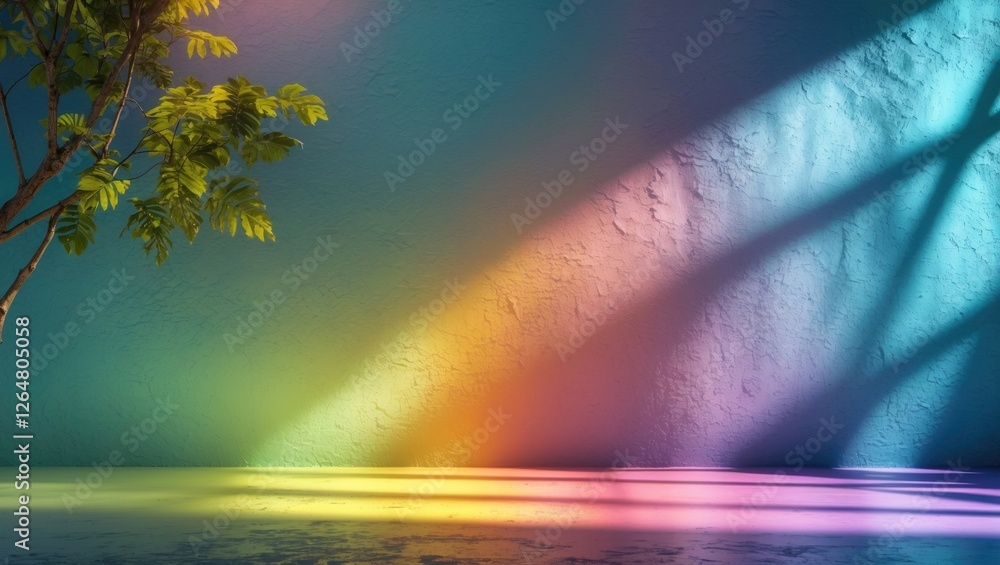 Poster colorful abstract background with gradient wall lighting and shadow patterns from leaves, suitable f