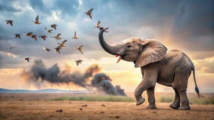 Fototapeta premium Elephant Playfully Interacting with Birds Under Dramatic Sky