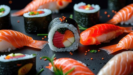 Assorted sushi platter featuring salmon sashimi, colorful maki rolls with vegetables, and wasabi on a dark surface with copy space.