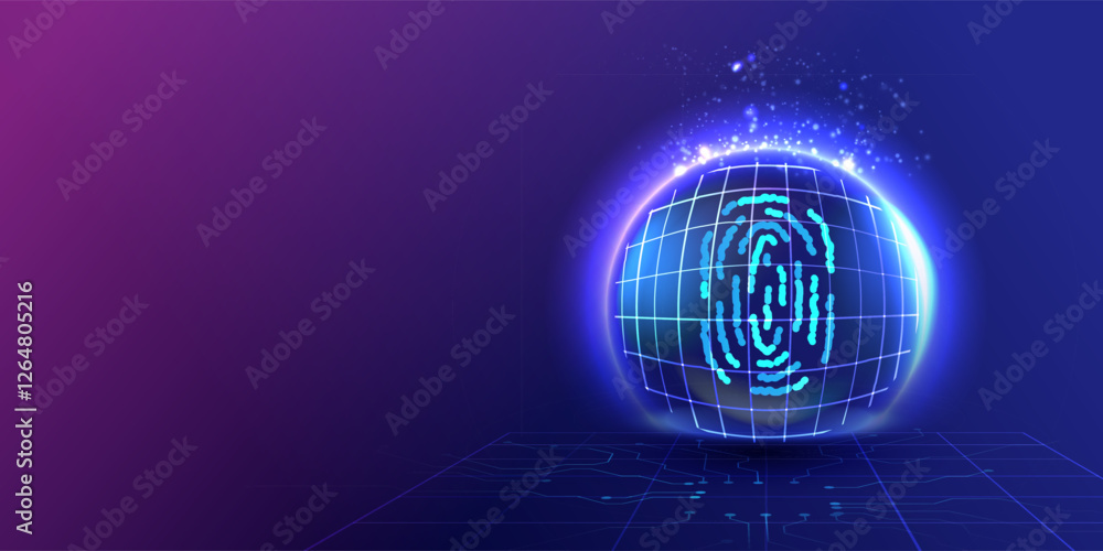 Poster protect biometric fingerprint on wireframe circuit board. technology shield. touch id. protection id
