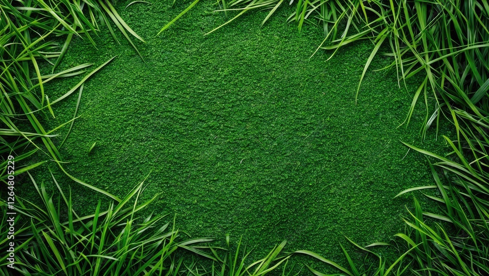 Poster green grass texture background with natural grass framing the edges and copy space in the center for