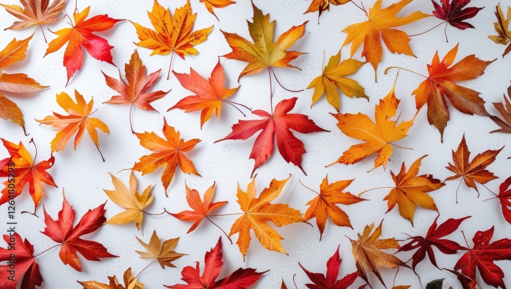 Poster autumn leaves display in various colors of red, orange, and yellow on a white background with copy s