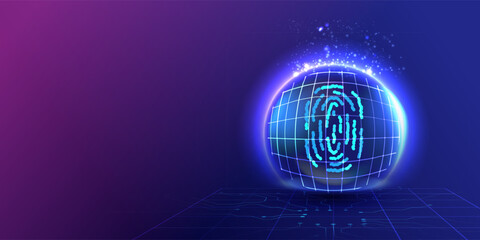 Protect biometric fingerprint on wireframe circuit board. Technology shield. Touch ID. Protection identity shield inside dome security design. Crime identification concept. Vector illustration.