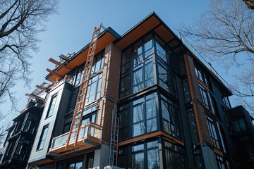 Fototapeta premium Modern apartment building under construction with glass and brick facade