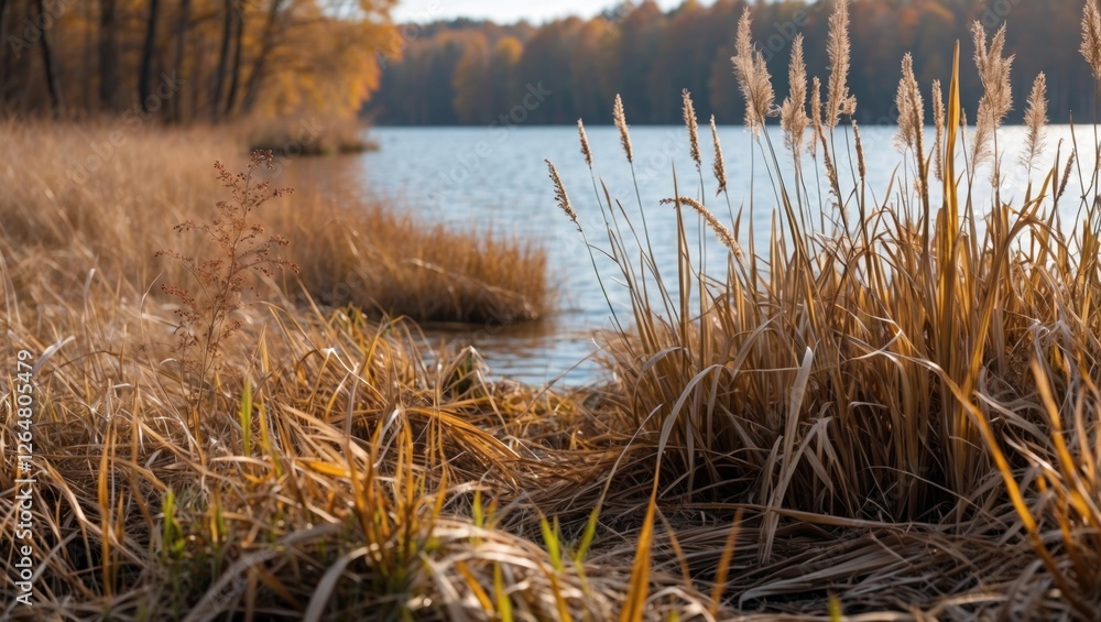 Poster dry grass and reeds by a calm lake during autumn with colorful trees in the background and natural l