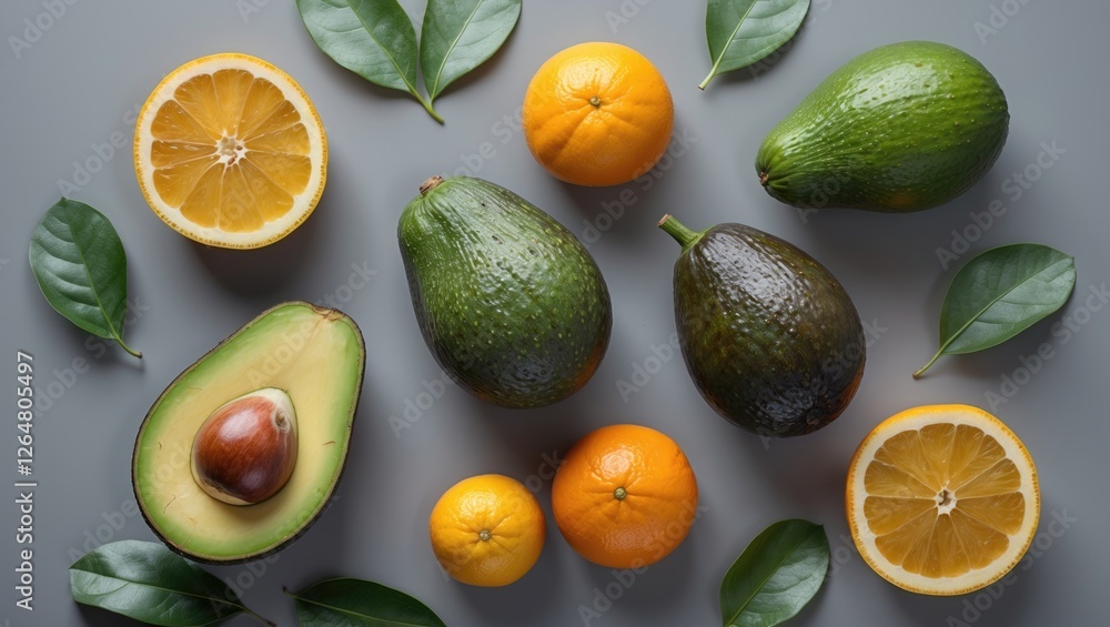 Poster fresh avocados and oranges arranged on a gray background with green leaves and copy space for text