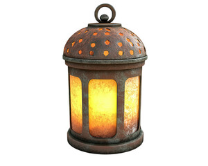 Brightly lit lantern with rustic design, featuring warm glow and perforated top, perfect for outdoor settings or cozy interiors