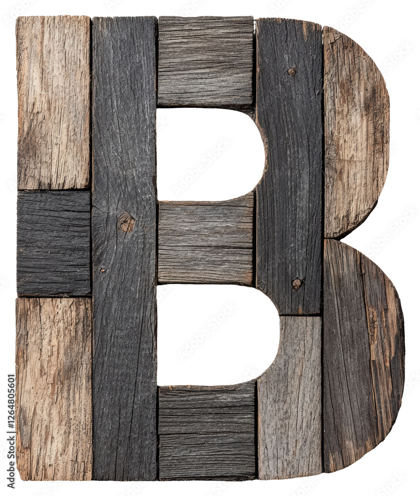Aufkleber wooden letter b in rustic style with transparent background for design projects