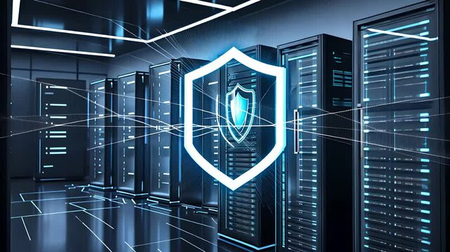 Cybersecurity Data Center with Server Racks and Digital Shield Icon Representing Network Protection and Data Safety

