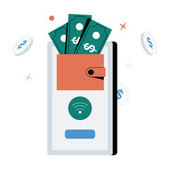 Mobile Wallet With Cash In Flat Vector Illustration Symbolizing Digital Payments, E Wallet Transactions, And Online Finance, Isolated On White Background.