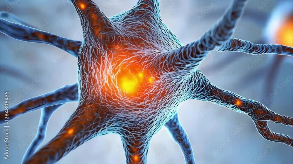 Poster a close-up view of a neuron, showcasing its structure with dendrites, axon, and synaptic connections