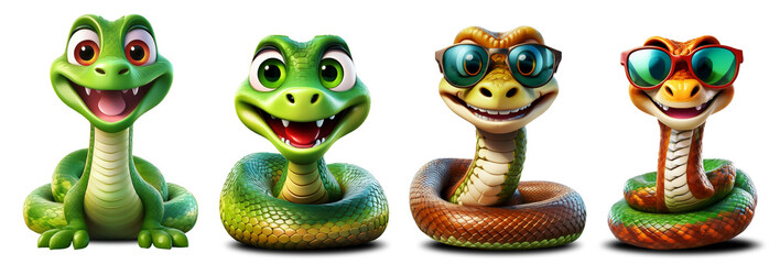 Fototapeta premium Close-up of a cute smiling snake or reptile while looking at the camera with his big eyes or goggles. Isolated on transparent or white background. Png. Collection and variation. Generative Ai.