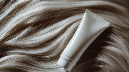 Fototapeta premium . Closeup of white conditioner tube on flowing blonde hair background