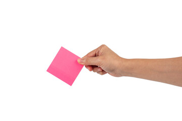 Obraz premium Paper stickers in hand. Hand holding a green sticker. Notes for the message on transparent background.