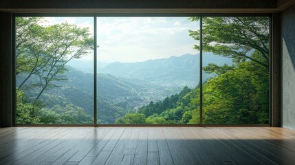 Naklejka premium A large, open concrete space with tall glass windows overlooking trees and grass. Sunlight shines through the windows