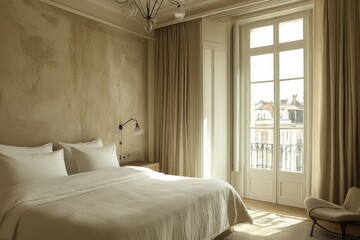 Cozy bedroom with natural light and balcony view in a contemporary apartment at golden hour