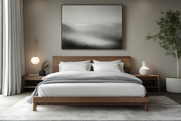 Modern bedroom design with minimalist decor and serene landscape art in muted tones