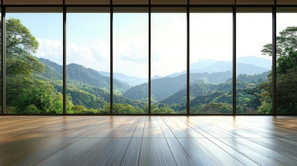 Naklejka premium A large, open concrete space with tall glass windows overlooking trees and grass. Sunlight shines through the windows