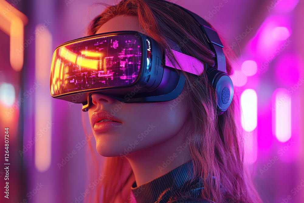 Poster virtual reality experience in a colorful futuristic environment with a woman using a headset