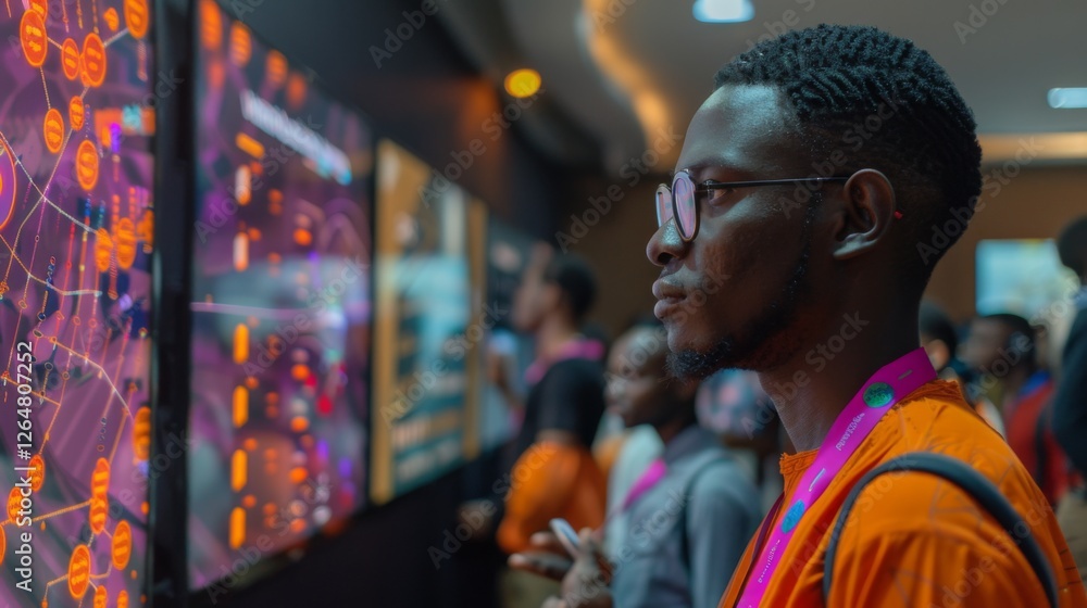 Poster Attendees observe dynamic digital displays showcasing technology at an innovation expo. The atmosphere buzzes with curiosity and learning in an urban setting.