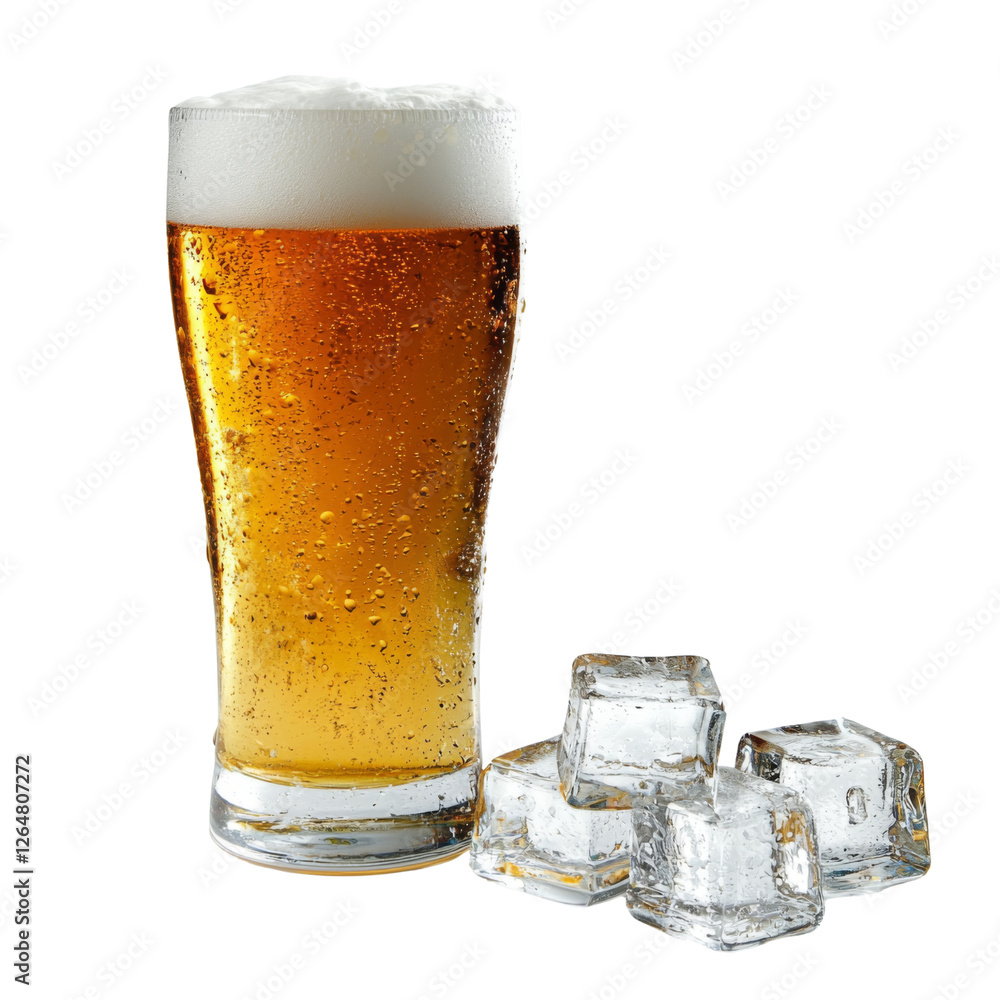 Poster refreshing beer in glass with ice cubes, perfect for summer enjoyment. golden color and frothy top c