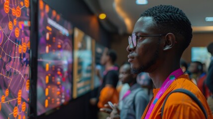Fototapeta premium Attendees observe dynamic digital displays showcasing technology at an innovation expo. The atmosphere buzzes with curiosity and learning in an urban setting.