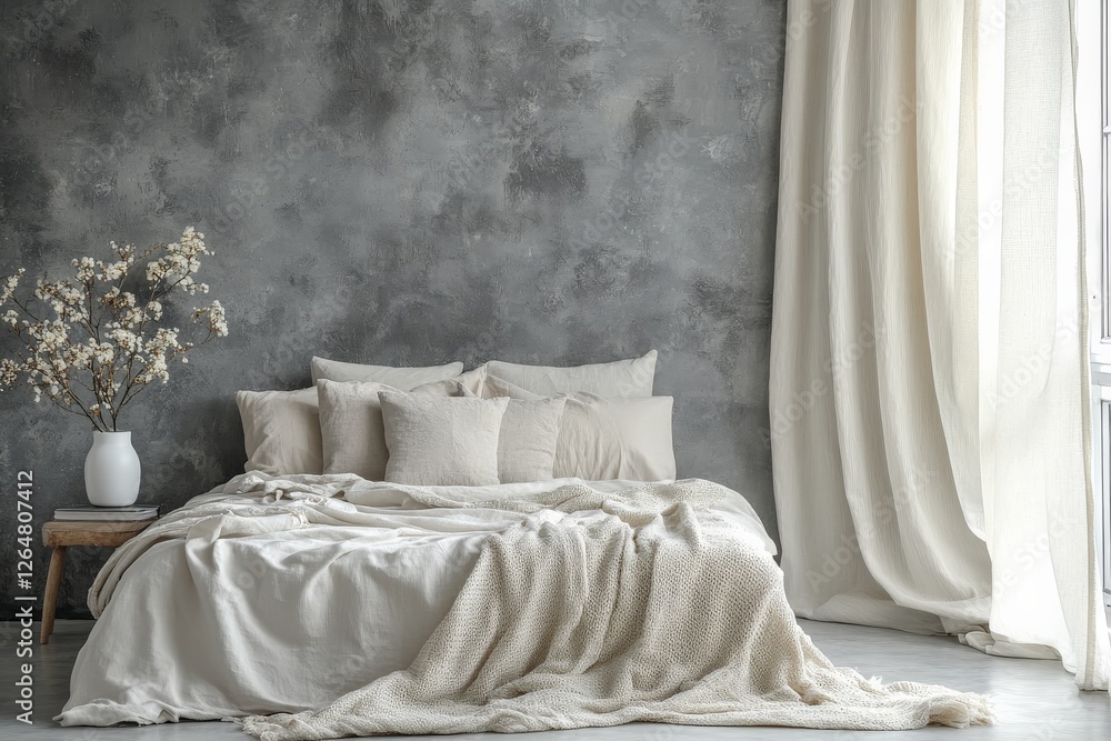 Poster cozy and inviting bedroom with neutral tones and soft textures for a relaxing atmosphere