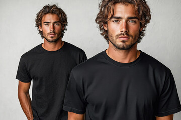 Two young men with similar hairstyles and black t-shirts pose in studio setting with neutral background