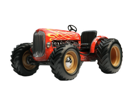 race modified tractor with flame decals, showcasing high speed design and rugged tires, perfect for off road adventures and competitions