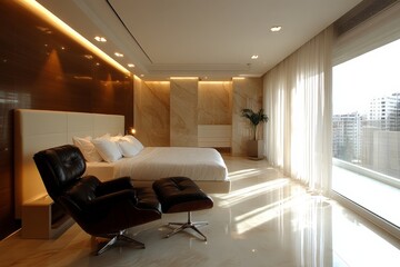 Fototapeta premium Modern bedroom featuring large windows and stylish furniture in a luxury apartment during daylight hours
