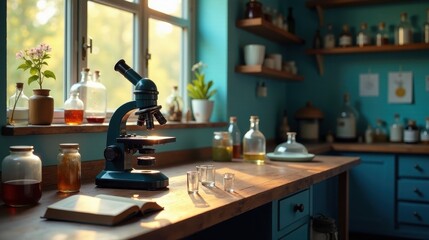 A vintage microscope sits on a sunlit wooden counter amongst various scientific glassware and a book, in a teal-toned room with shelves stocked with apothecary-style bottles and jars.
