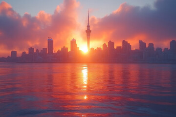 Fototapeta premium Sunset over the Auckland skyline reflecting on the water with dramatic clouds and vibrant colors