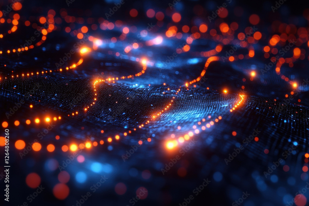 Poster vibrant display of glowing dots and lines representing digital data flow in a futuristic setting