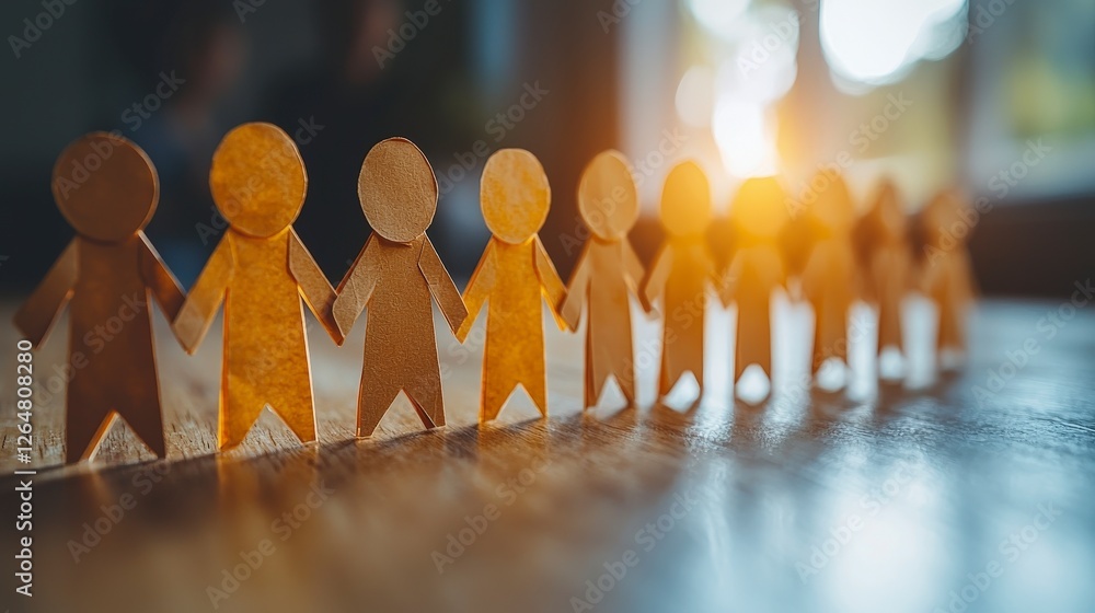 Poster a group of paper cut-out figures stand together, symbolizing unity and friendship. the warm light in