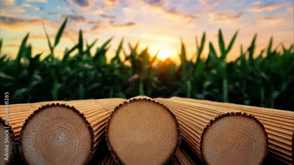 Poster sunset over a field with rows of corn and stacked logs in the foreground, creating a serene rural la