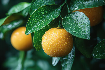 Fresh oranges glisten with raindrops on branches in a garden during a sunny afternoon