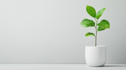 Young plant in pot, minimalist background, growth concept, website banner
