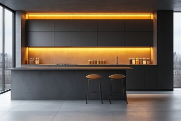 Modern minimalist kitchen with sleek design and warm ambient lighting in urban setting