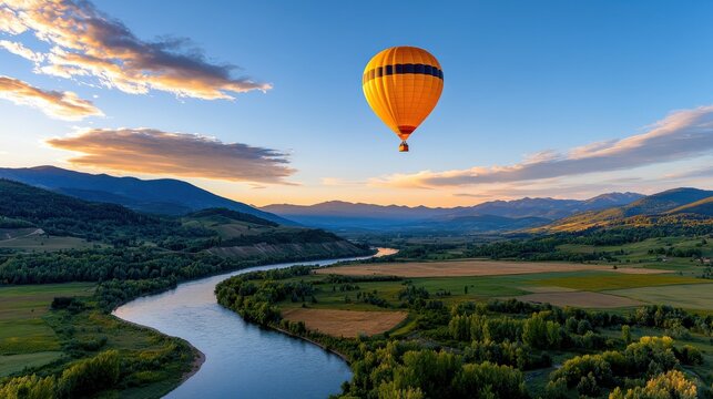 Stunning aerial view from a hot air balloon floating over a picturesque countryside landscape with mountains forests fields and a winding river at a beautiful sunset
