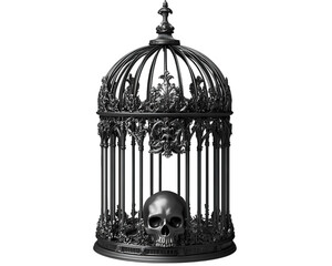 gothic style birdcage featuring intricate skull engravings, exuding dark and mysterious atmosphere. Perfect for adding unique touch to any decor